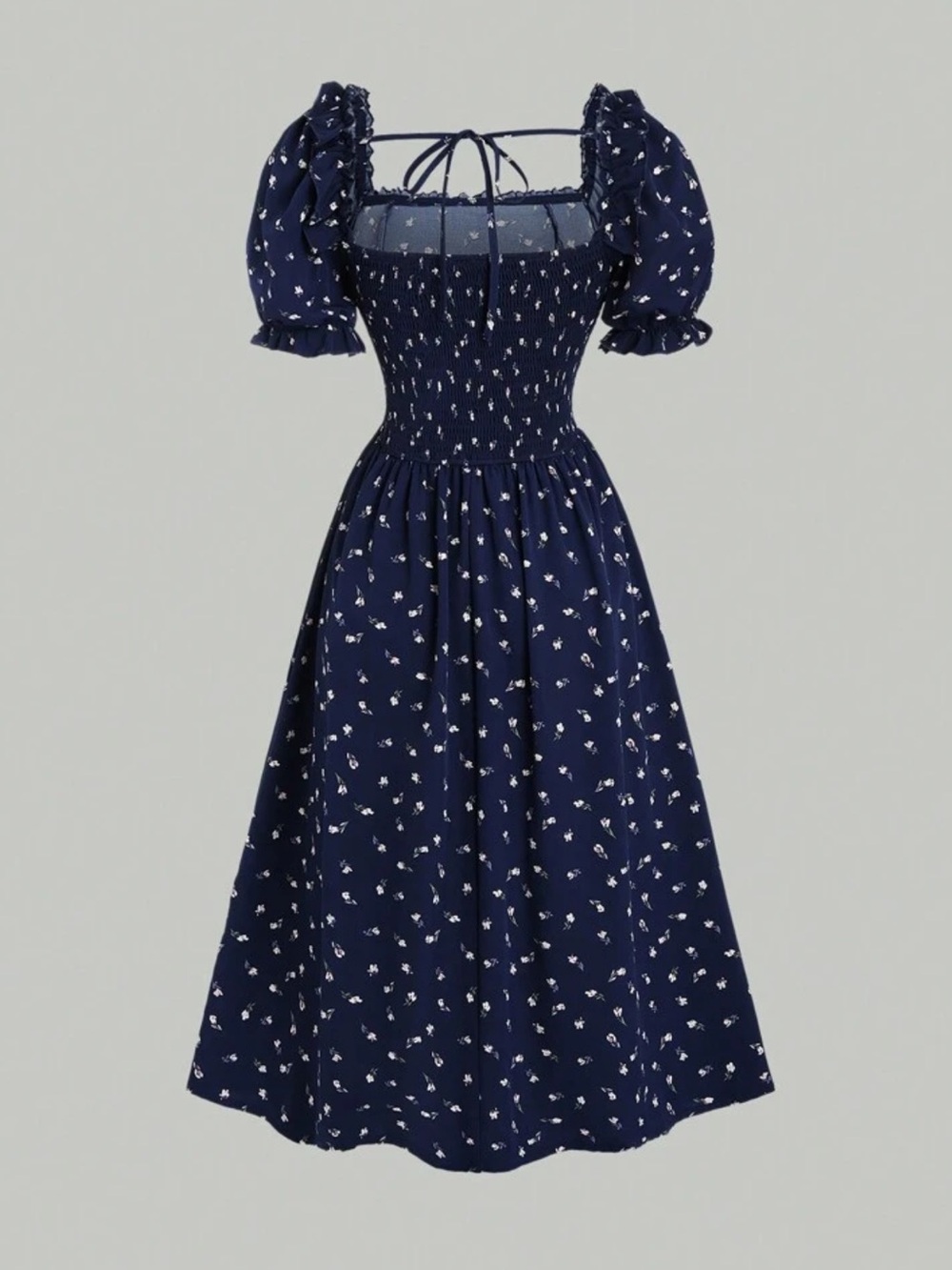Navy Floral Puff-Sleeve Midi Dress - Picture 2 of 5